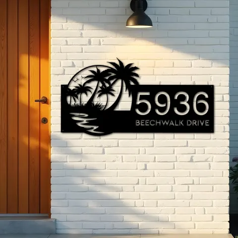 Vista alternativa de Custom Metal Beach Scene Summer Palm Tree Metal Address Sign, House number, Outdoor Number Signage, Yard Sign Address Plate