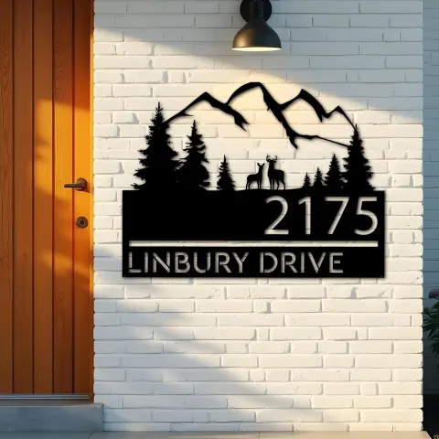Vue alternative de Custom Metal Deer couple mountain scene Metal Address Sign, House number, Outdoor Number Signage, Yard Sign Address Plate