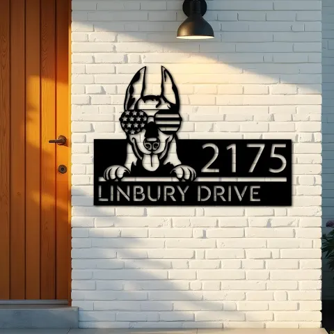 Vue alternative de Custom Metal Doberman dog US flag glasses Metal Address Sign House number Hanging Address Plaque Yard Sign Outdoor decor
