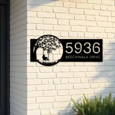 Custom Metal Girl on Swing Metal Address Sign, House number, Outdoor Number Signage, Yard Sign Address Plate