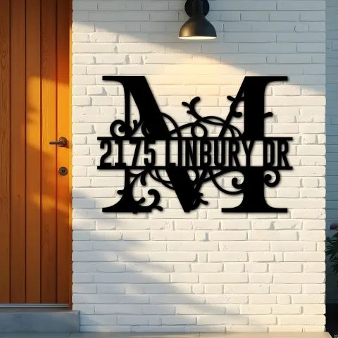 Vue alternative de Custom Metal Floral Monogram Split Letter M Metal Address Sign House number Hanging Address Plaque Yard Sign Outdoor decor