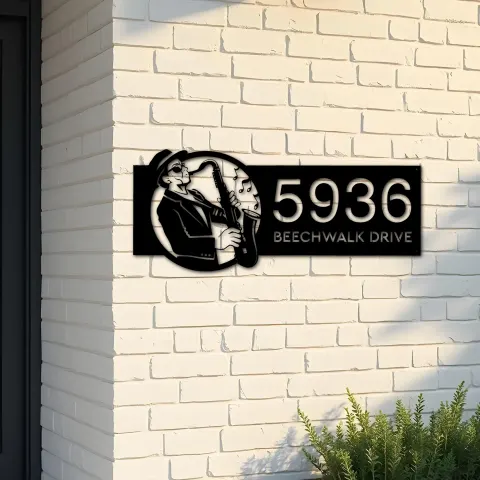 Custom Metal Saxophone player musician Metal Address Sign Custom House number Hanging Address Plaque Yard Sign Outdoor Sign