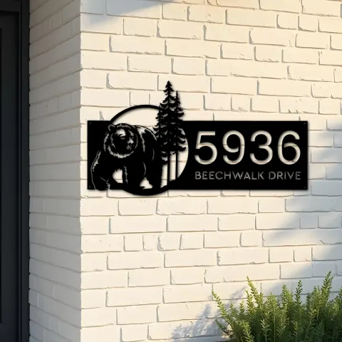 Custom Metal Bear forest scene wild life Metal Address Sign, House number, Outdoor Number Signage, Yard Sign Address Plate