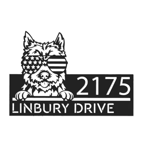 Vista alternativa de Custom Metal Cairn Terrier dog US flag glasses Metal Address Sign House number Hanging Address Plaque Yard Sign Outdoor decor