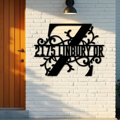 Vue alternative de Custom Metal Floral Monogram Split Letter Z Metal Address Sign House number Hanging Address Plaque Yard Sign Outdoor decor