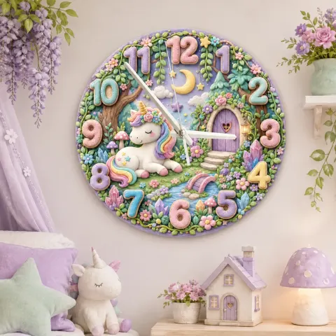 Magical Sleeping Unicorn Kids Room Wall Clock | Pastel Fairy Garden Nursery Decor, Wooden Baby Girl Birthday Gift (13.6 inch / 34.5 cm)