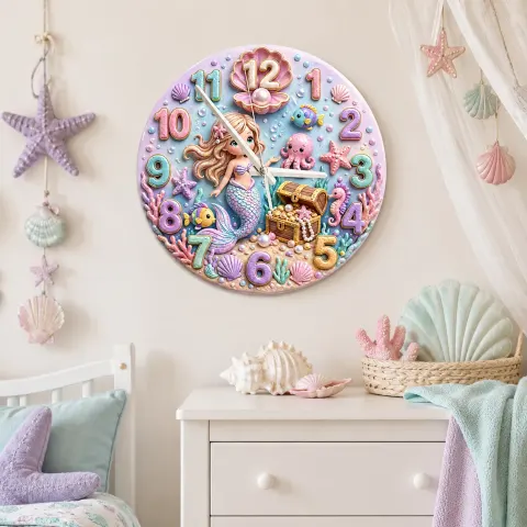 Pastel Mermaid Ocean Kids Room Wall Clock | Under The Sea Nursery Decor, Magical Baby Girl Bedroom Birthday Gift Art (13.6 inch / 34.5 cm)