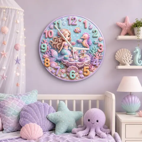 Magical Mermaid Tea Party Kids Room Wall Clock | Pastel Under The Sea Nursery Decor, Little Girl Birthday Keepsake (13.6 inch / 34.5 cm)