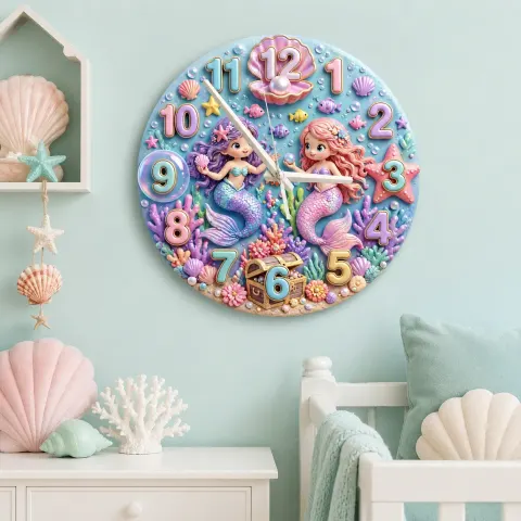 Pastel Mermaid Kids Room Wall Clock | Under The Sea Nursery Decor, Little Girls Bedroom Wall Decor, Baby Shower Gifts (13.6 inch / 34.5 cm)