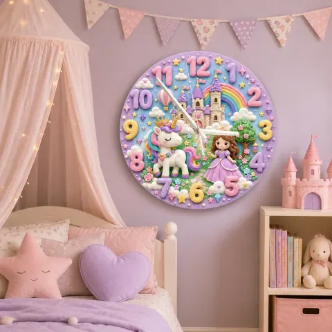 Vista alternativa de Magical Princess & Unicorn Kids Room Wall Clock | Fairy Tale Castle Rainbow Nursery Decor, Little Girl Bedroom Gift (13.6 inch / 34.5 cm)
