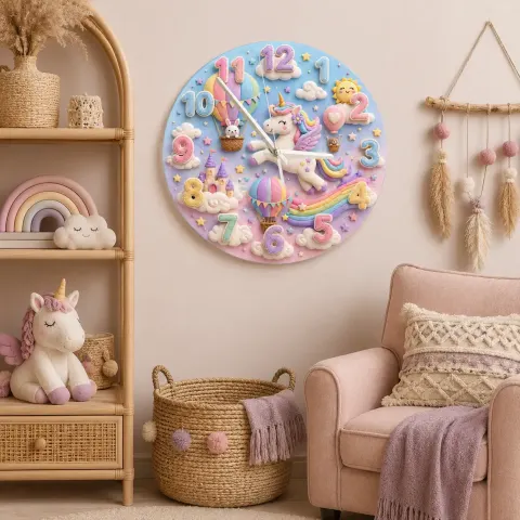 Vista alternativa de Magical Unicorn Hot Air Balloon Kids Room Wall Clock | Whimsical Fairy Tale Nursery Decor, Sweet Baby Girl Keepsake (13.6 inch / 34.5 cm)