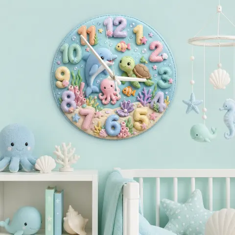 Pastel Ocean Animals Kids Room Wall Clock | Sea Turtle & Dolphin Nursery Decor, Baby Shower Keepsake Gift For Kids (13.6 inch / 34.5 cm)