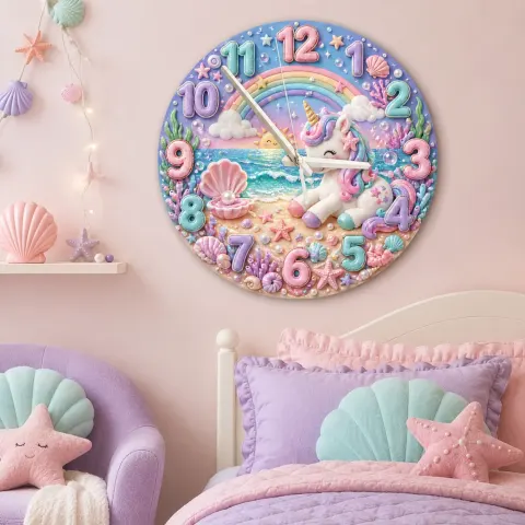 Vista alternativa de Magical Beach Unicorn Kids Room Wall Clock | Pastel Rainbow Ocean Nursery Decor, Little Girl Bedroom Wall Art Gift (13.6 inch / 34.5 cm)