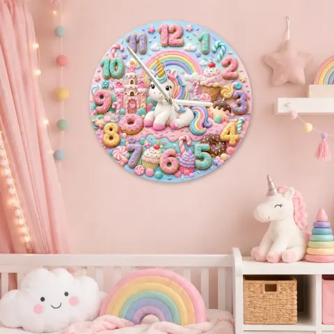 Pastel Candy Unicorn Kids Room Wall Clock | Magical Sweets Nursery Decor, Cute Whimsical Little Girl Birthday Gift (13.6 inch / 34.5 cm)