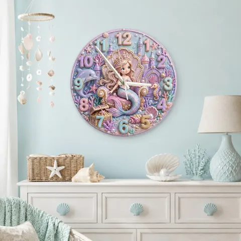 Vista alternativa de Pastel Mermaid Princess Kids Room Wall Clock | Under The Sea Fairy Tale Nursery Decor, Beautiful Toddler Girl Gift (13.6 inch / 34.5 cm)