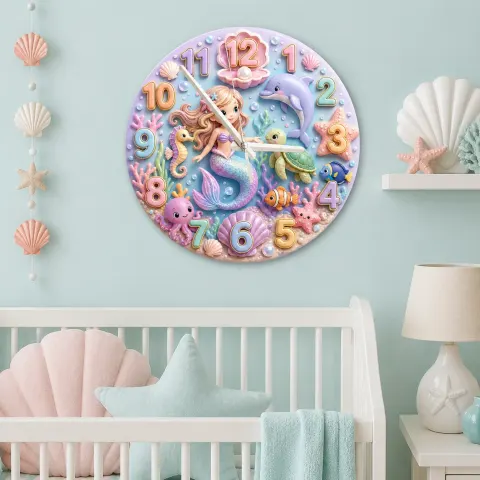 Magical Mermaid Under The Sea Kids Room Wall Clock | Cute Ocean Animal Nursery Decor, Sweet Baby Girl Birthday Gift (13.6 inch / 34.5 cm)