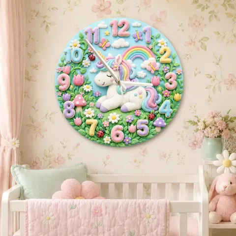 Pastel Unicorn and Rainbow Kids Room Wall Clock | Fairy Tale Nursery Decor, Little Girl Bedroom Birthday Keepsake Gift (13.6 inch / 34.5 cm)