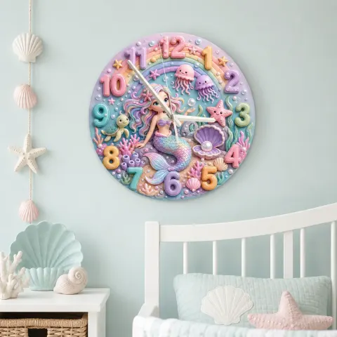 Pastel Mermaid Ocean Kids Room Wall Clock | Under The Sea Nursery Decor, Little Girl Birthday Baby Shower Gift Art (13.6 inch / 34.5 cm)