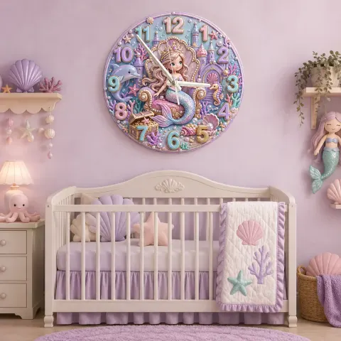 Pastel Mermaid Princess Kids Room Wall Clock | Under The Sea Fairy Tale Nursery Decor, Beautiful Toddler Girl Gift (13.6 inch / 34.5 cm)