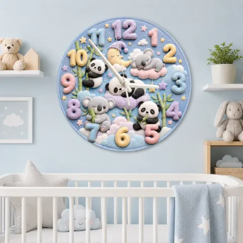 Pastel Panda and Koala Kids Room Wall Clock | Dreamy Cloud Nursery Decor, Baby Shower Gift for Boys & Girls Bedroom (13.6 inch / 34.5 cm)