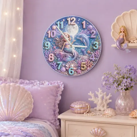 Vista alternativa de Magical Mermaid & Dolphin Kids Room Wall Clock | Pastel Ocean Nursery Decor, Sweet Baby Girl Birthday Gift Keepsake (13.6 inch / 34.5 cm)