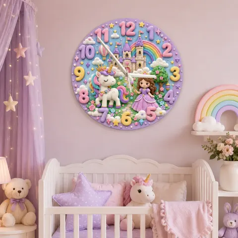 Magical Princess & Unicorn Kids Room Wall Clock | Fairy Tale Castle Rainbow Nursery Decor, Little Girl Bedroom Gift (13.6 inch / 34.5 cm)