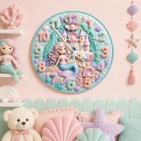 Vista alternativa de Pastel Ocean Mermaid Kids Room Wall Clock | Under The Sea Nursery Decor, Little Girl Bedroom Birthday Gift Keepsake (13.6 inch / 34.5 cm)