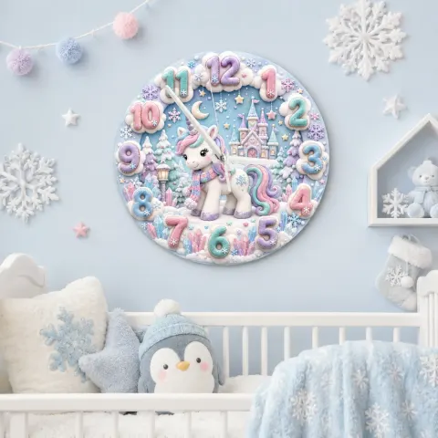 Magical Winter Unicorn Kids Room Wall Clock | Pastel Fairy Tale Castle Nursery Decor, Baby Girl Room Birthday Gift (13.6 inch / 34.5 cm)