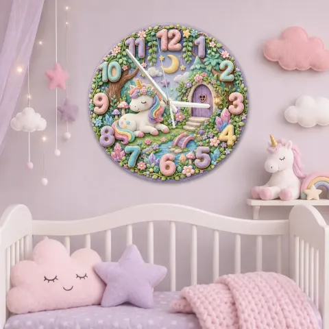 Vista alternativa de Magical Sleeping Unicorn Kids Room Wall Clock | Pastel Fairy Garden Nursery Decor, Wooden Baby Girl Birthday Gift (13.6 inch / 34.5 cm)