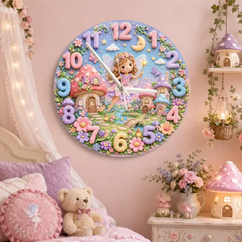 Magical Fairy Mushroom Kids Room Wall Clock | Pastel Enchanted Garden Nursery Decor, Sweet Baby Girl Birthday Keepsake (13.6 inch / 34.5 cm)