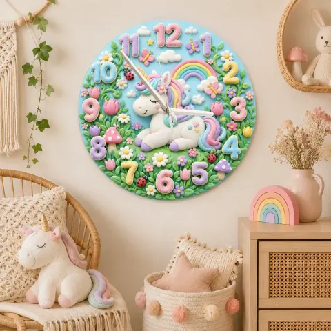 Vista alternativa de Pastel Unicorn and Rainbow Kids Room Wall Clock | Fairy Tale Nursery Decor, Little Girl Bedroom Birthday Keepsake Gift (13.6 inch / 34.5 cm)