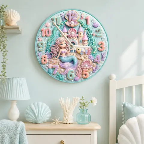 Pastel Ocean Mermaid Kids Room Wall Clock | Under The Sea Nursery Decor, Little Girl Bedroom Birthday Gift Keepsake (13.6 inch / 34.5 cm)