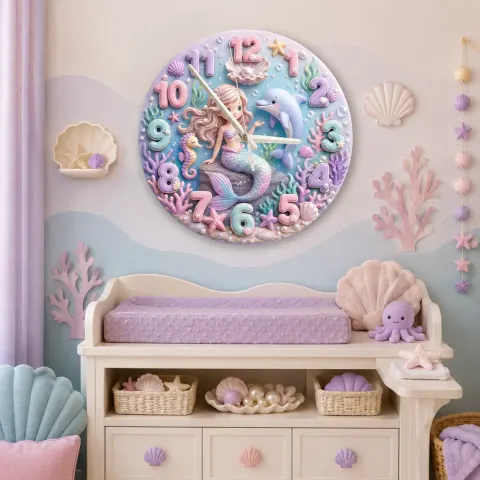 Vista alternativa de Magical Pastel Mermaid Kids Room Wall Clock | Under The Sea Nursery Decor, Baby Girl Baby Shower Birthday Keepsake (13.6 inch / 34.5 cm)