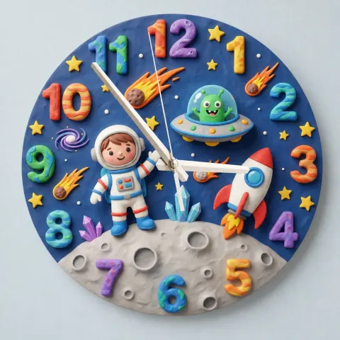 Astronaut and Alien Outer Space Kids Room Wall Clock | Galaxy Nursery Decor, Little Boys Bedroom Birthday Keepsake (13.6 inch / 34.5 cm)