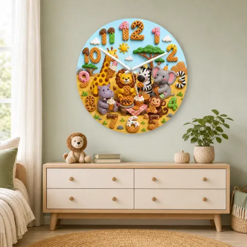 Vista alternativa di Safari Animals Waffle Kids Room Wall Clock | Jungle Nursery Decor, Baby Shower Gift For Boys Girls (13.6 inch / 34.5 cm)