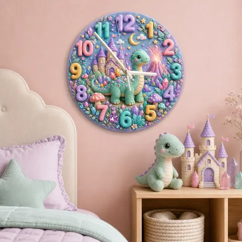 Reloj de pared infantil con dinosaurio mágico en tonos pastel | Decoración de guardería con castillo de cuento de hadas, regalo caprichoso para habitación de niña (34.5 cm)