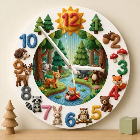 Knitted Style Woodland Forest Animals Kids Room Wall Clock | Cozy Nursery Decor, Memorable Baby Shower Gift Keepsake (13.6 inch / 34.5 cm)