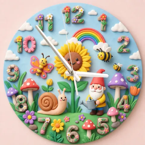 Whimsical Garden Gnome Kids Room Wall Clock | Snail And Sunflower Nursery Decor, Baby Girl Shower Keepsake Present (13.6 inch / 34.5 cm)