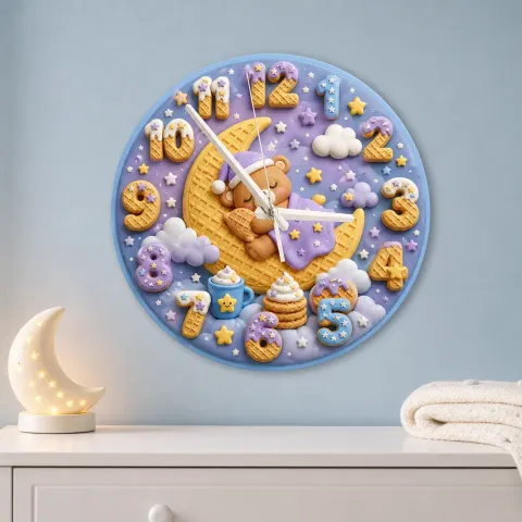 Vista alternativa di Sleeping Bear Moon Kids Room Wall Clock | Pastel Night Sky Nursery Decor, Sweet Baby Shower Gift (13.6 inch / 34.5 cm)