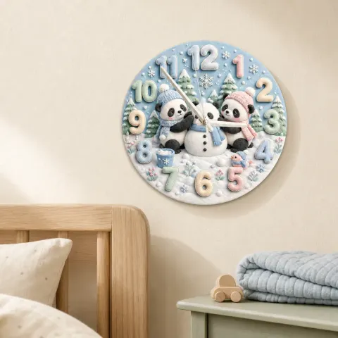 Vista alternativa di Winter Pandas Building Snowman Kids Room Wall Clock | Pastel Nursery Art, Unique Baby Shower Gift For Boys & Girls (13.6 inch / 34.5 cm)