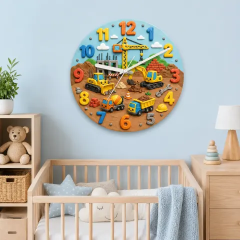 Construction Vehicles Kids Room Wall Clock | Little Boys Bedroom Decor, Playroom Nursery Art & Baby Shower Gift Idea (13.6 inch / 34.5 cm)