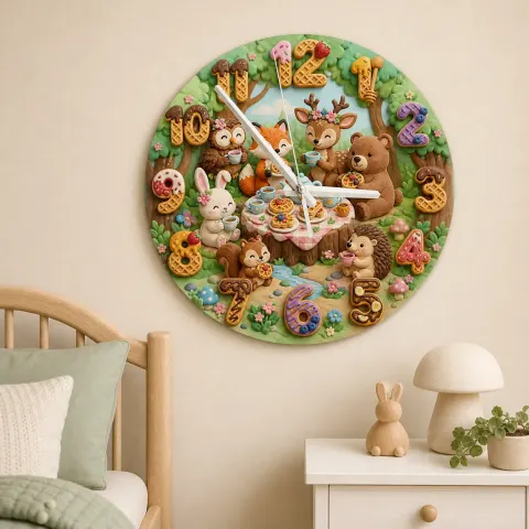 Woodland Animal Tea Party Kids Room Wall Clock | Forest Nursery Decor, Baby Shower Birthday Gift Keepsake (13.6 inch / 34.5 cm)