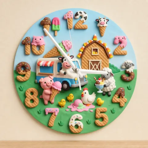 Sweet Ice Cream Farm Animals Kids Room Wall Clock | Playful Nursery Decor, Whimsical Baby Shower Birthday Gift Idea (13.6 inch / 34.5 cm)