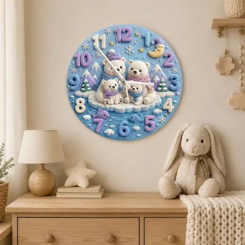 Vista alternativa di Polar Bear Family Kids Room Wall Clock | Arctic Winter Wonderland Nursery Decor, Cute Baby Shower Gift For Newborn (13.6 inch / 34.5 cm)