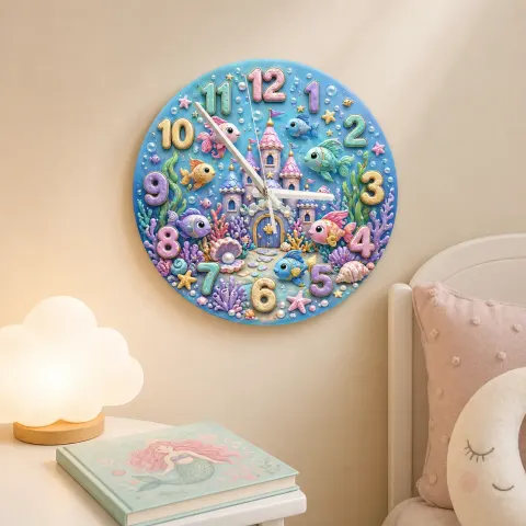 Vista alternativa di Magical Underwater Castle Kids Room Wall Clock | Pastel Ocean Fish Nursery Decor, Little Girl Bedroom Birthday Gift (13.6 inch / 34.5 cm)