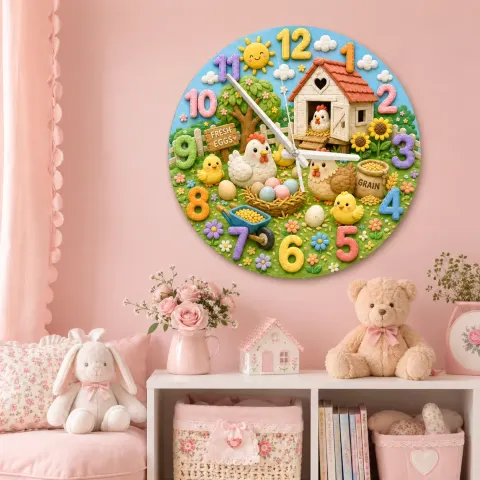 Vista alternativa di Cute Farm Chickens Kids Room Wall Clock | Baby Chick Nursery Decor, Playroom Wall Art, Sweet Birthday Gift Keepsake (13.6 inch / 34.5 cm)