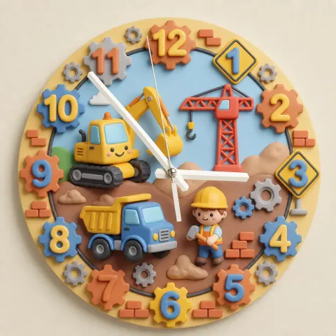 Construction Trucks Kids Room Wall Clock | Digger & Crane Nursery Decor, Little Builder Boy Birthday Gift Keepsake (13.6 inch / 34.5 cm)