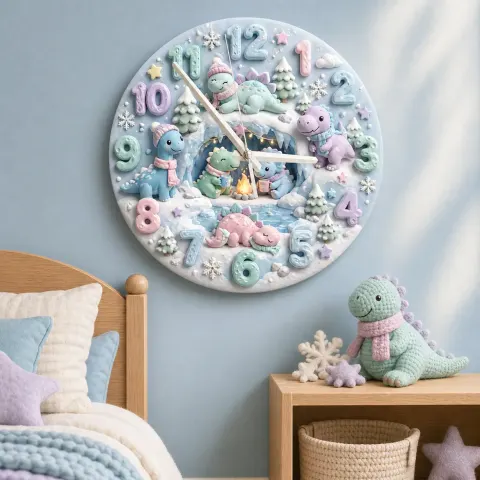 Reloj de pared infantil con dinosaurio en invierno acogedor | Decoración de guardería con nieve en tonos pastel, regalo caprichoso para baby shower de niño o niña (34.5 cm)