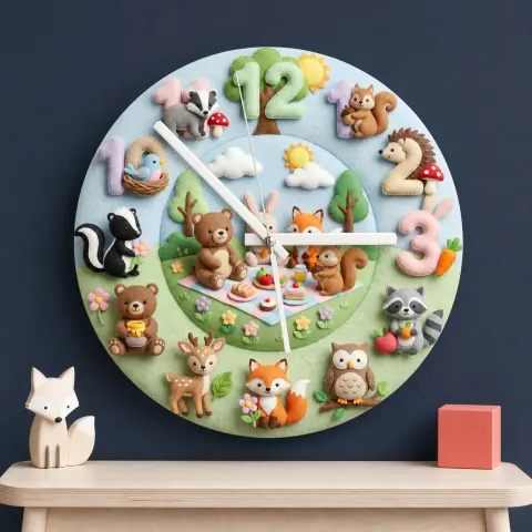 Vista alternativa di Woodland Animal Picnic Kids Room Wall Clock | Faux Felt Forest Nursery Decor, Baby Shower Gift For Baby Boys & Girls (13.6 inch / 34.5 cm)