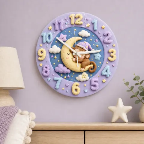 Sleeping Monkey on Moon Kids Room Wall Clock | Pastel Night Sky Nursery Decor, Cute Baby Shower Gift for Newborns (13.6 inch / 34.5 cm)